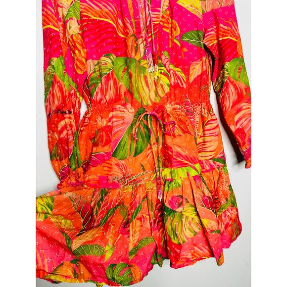 FARM RIO Pink Orange Floral Cotton A-Line Tie Waist Ombre Forest Mini Dress S - Picture 10 of 16
